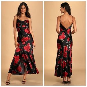 Lulus Extra Sultry Black Floral Print Satin Cowl Neck Maxi Dress Xsmall